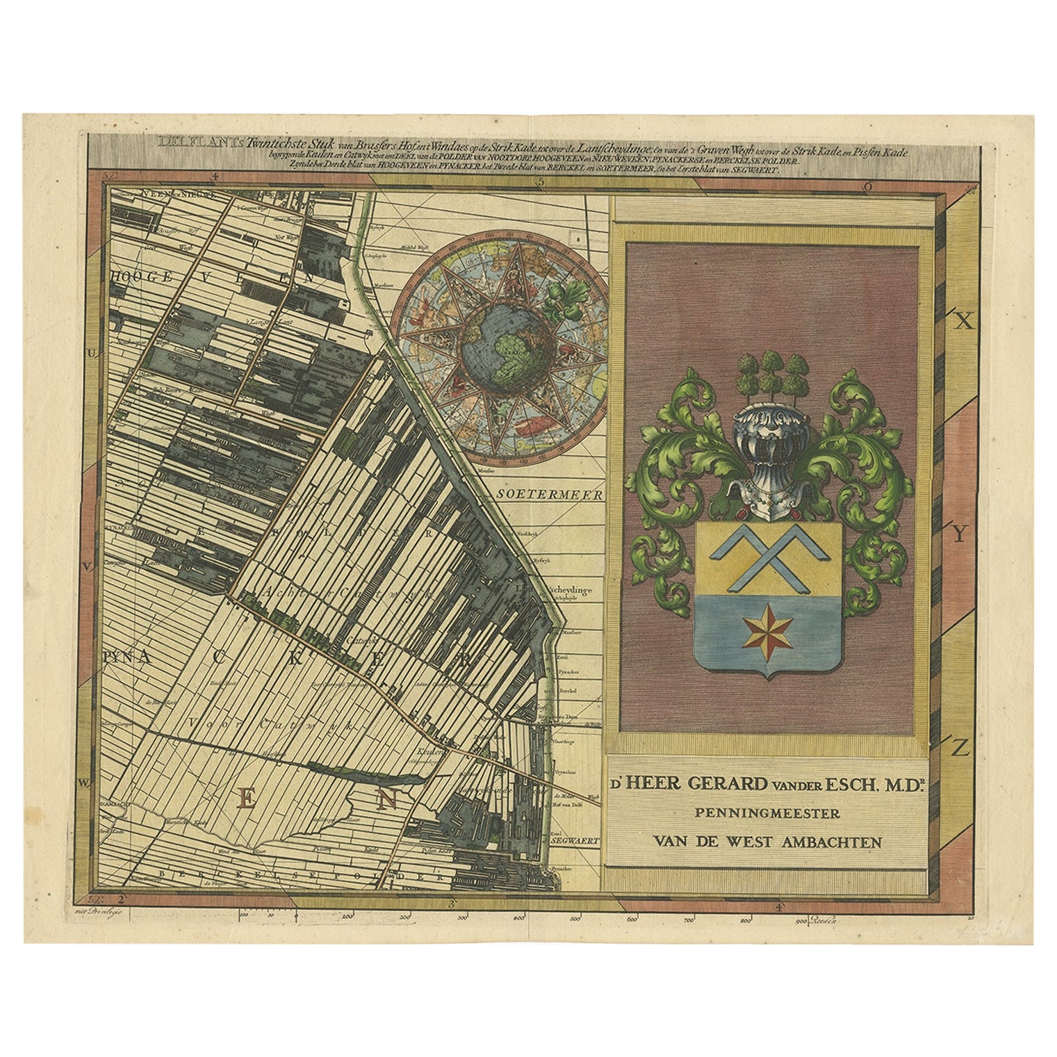 Large Antique Map of Delfland by Cruquius, 1712 For Sale