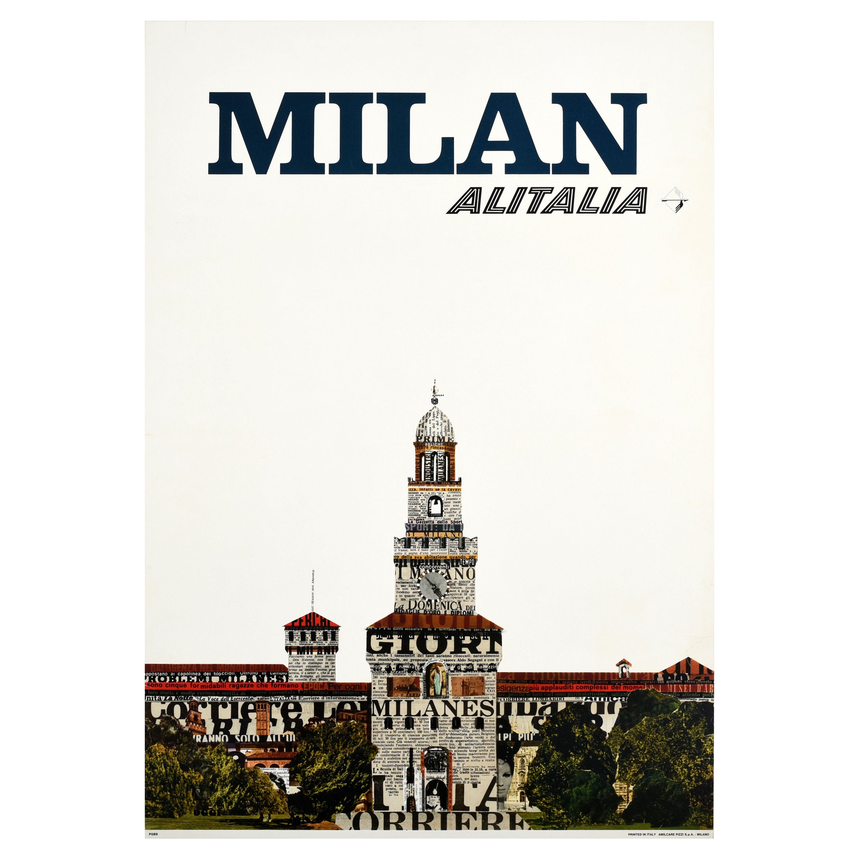 Original Vintage Travel Poster For Milan Italy Alitalia Airline Collage Design