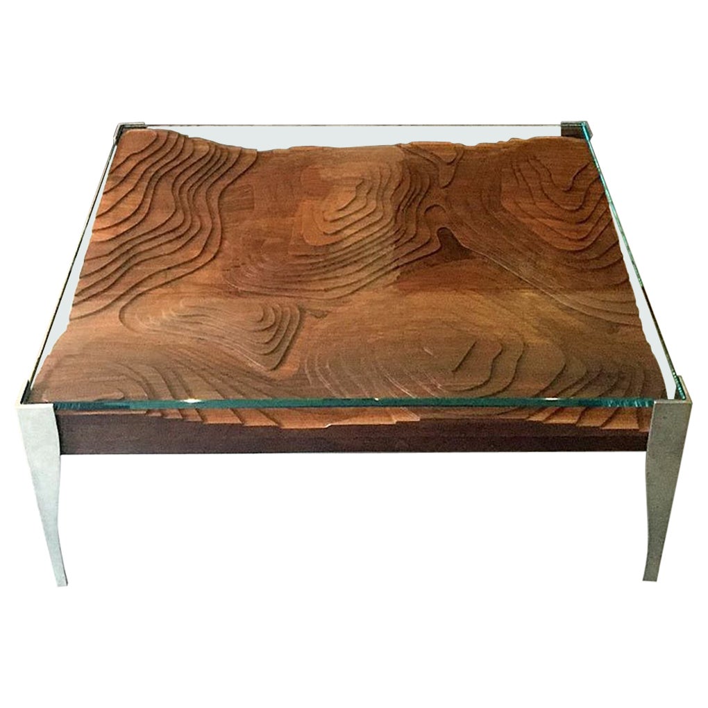 Modern Black Walnut Topo Low Table with Glass Top and Steel Legs For Sale