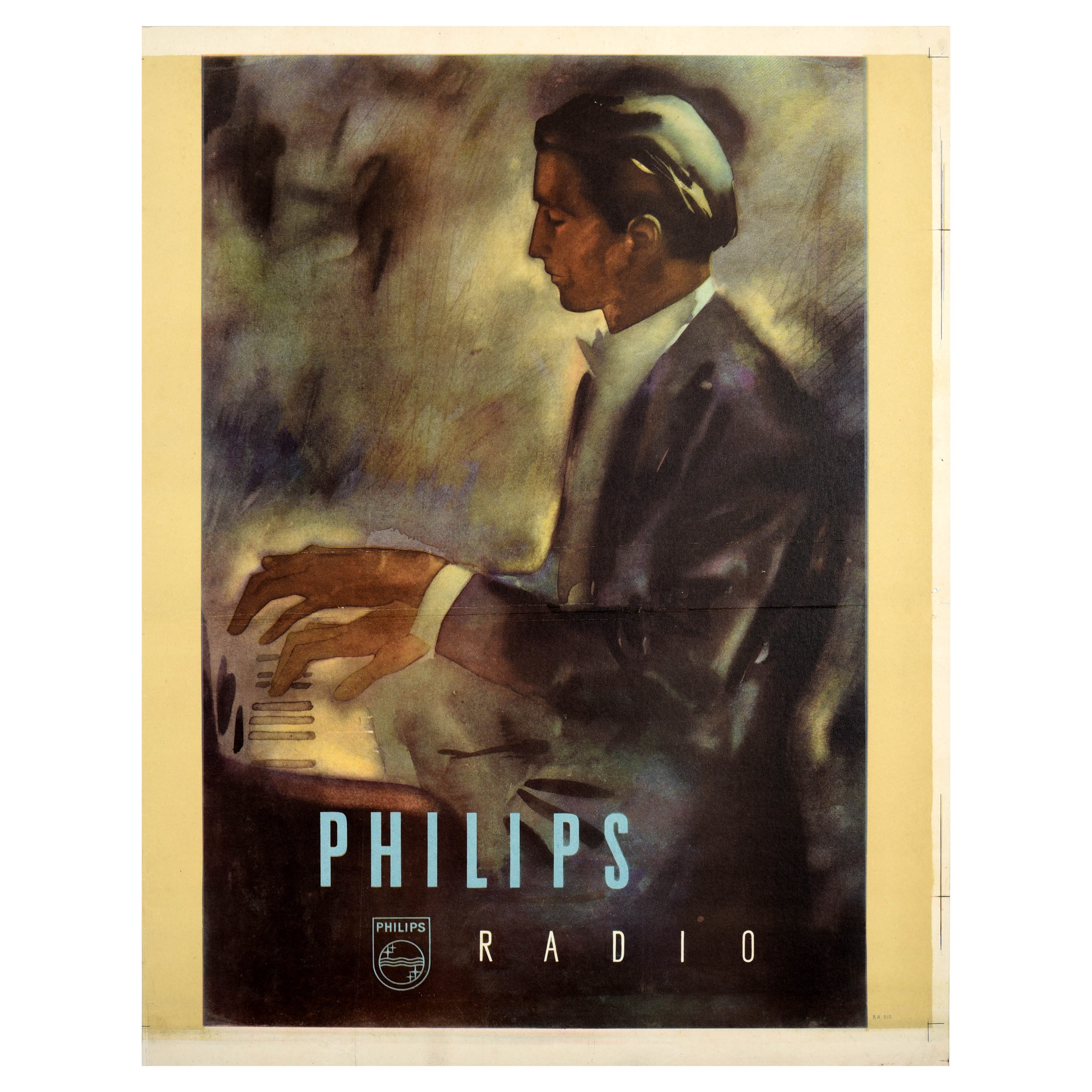 Original Vintage-Werbeplakat Philips Radio Klavierspieler Klassische Musik