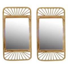 Restored Mid-Century Rattan Wall Mirror With Wicker Wrappings, Pair