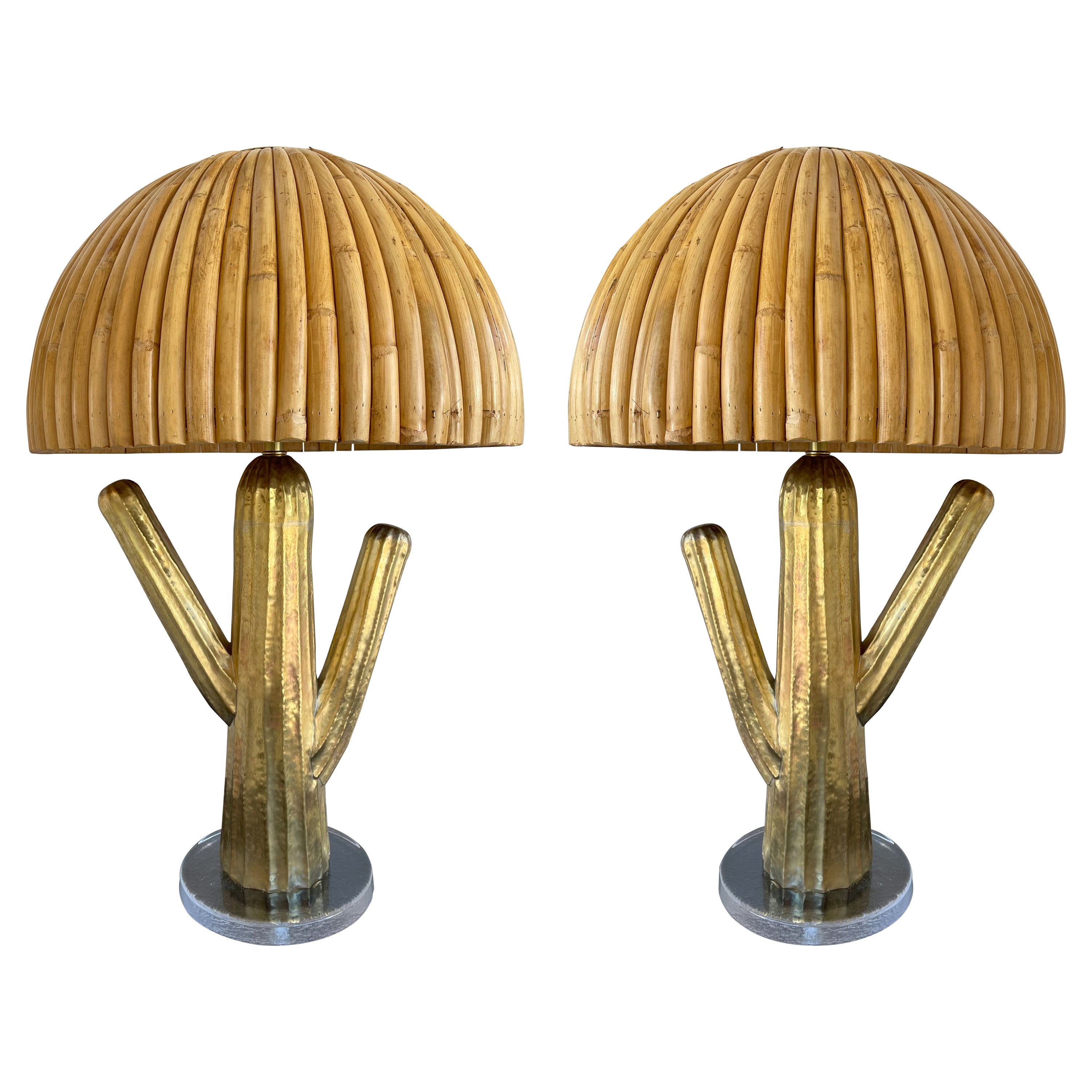 Pair of Rattan and Brass Cactus Lamps, Italy For Sale