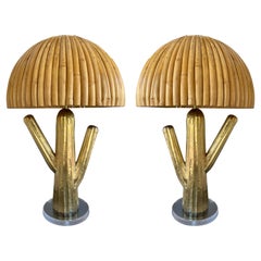 Vintage Pair of Rattan and Brass Cactus Lamps, Italy