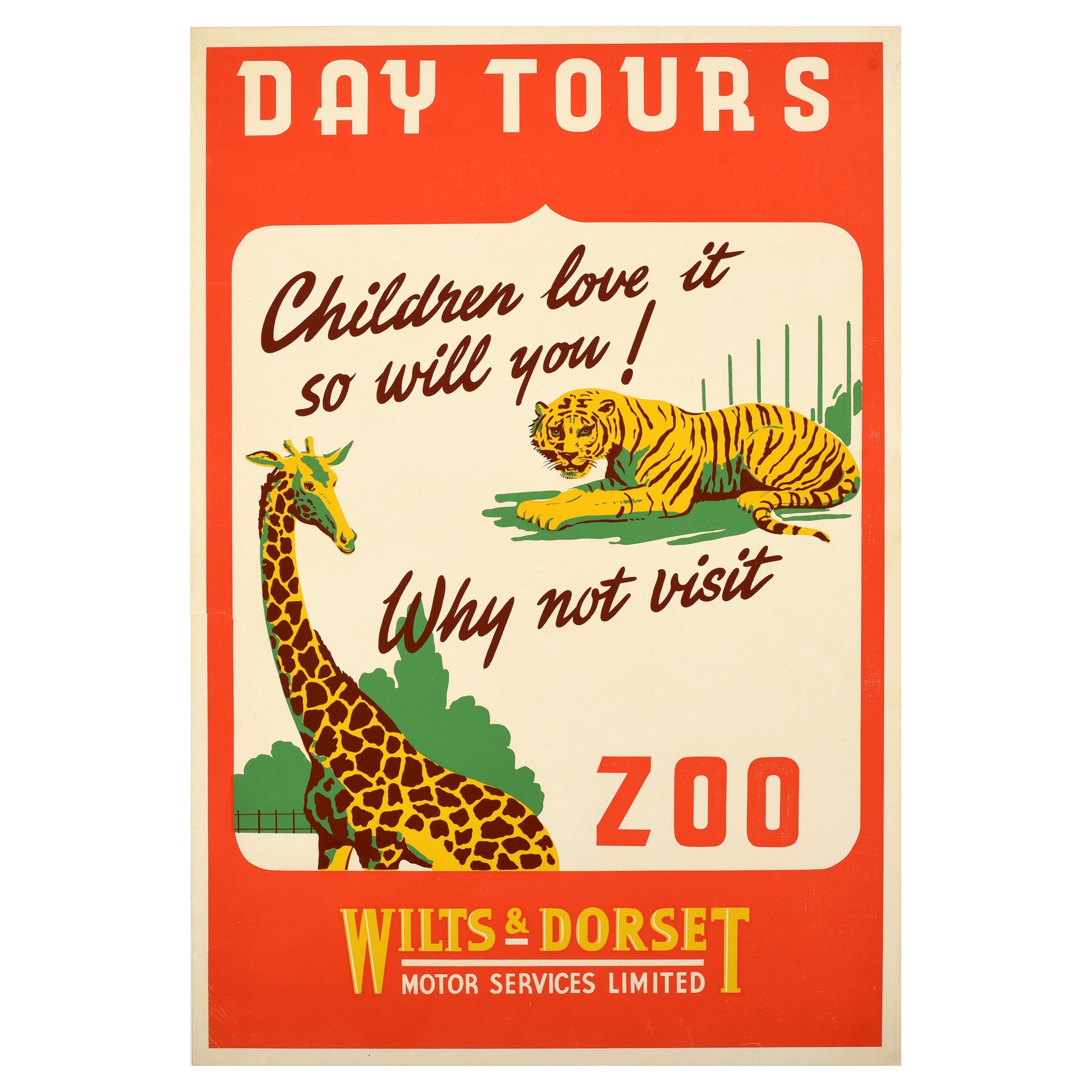 Affiche vintage d'origine du zoo, tigre girafe Wilts & Dorset, tours de jour
