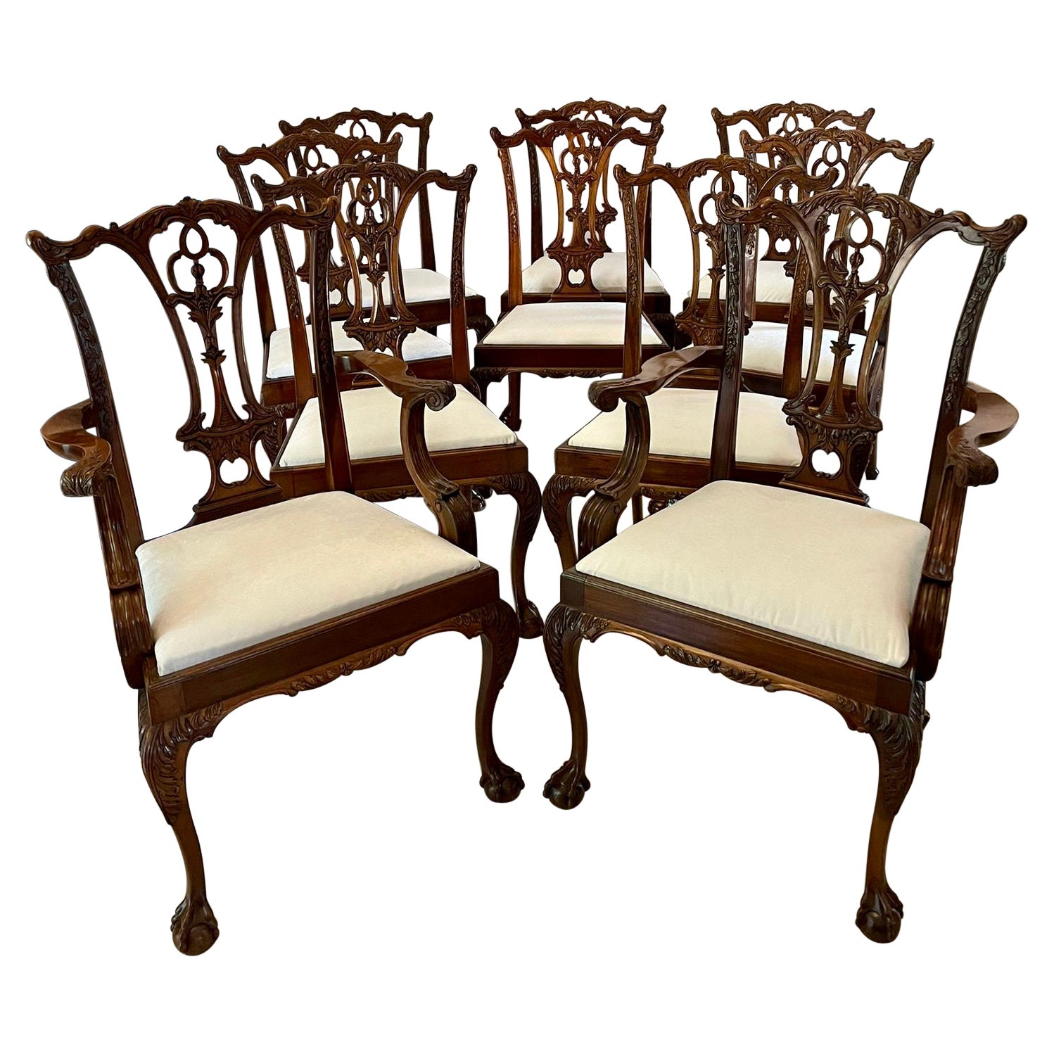 Fine Quality Set of 10 Antique Carved Mahogany Dining Chairs