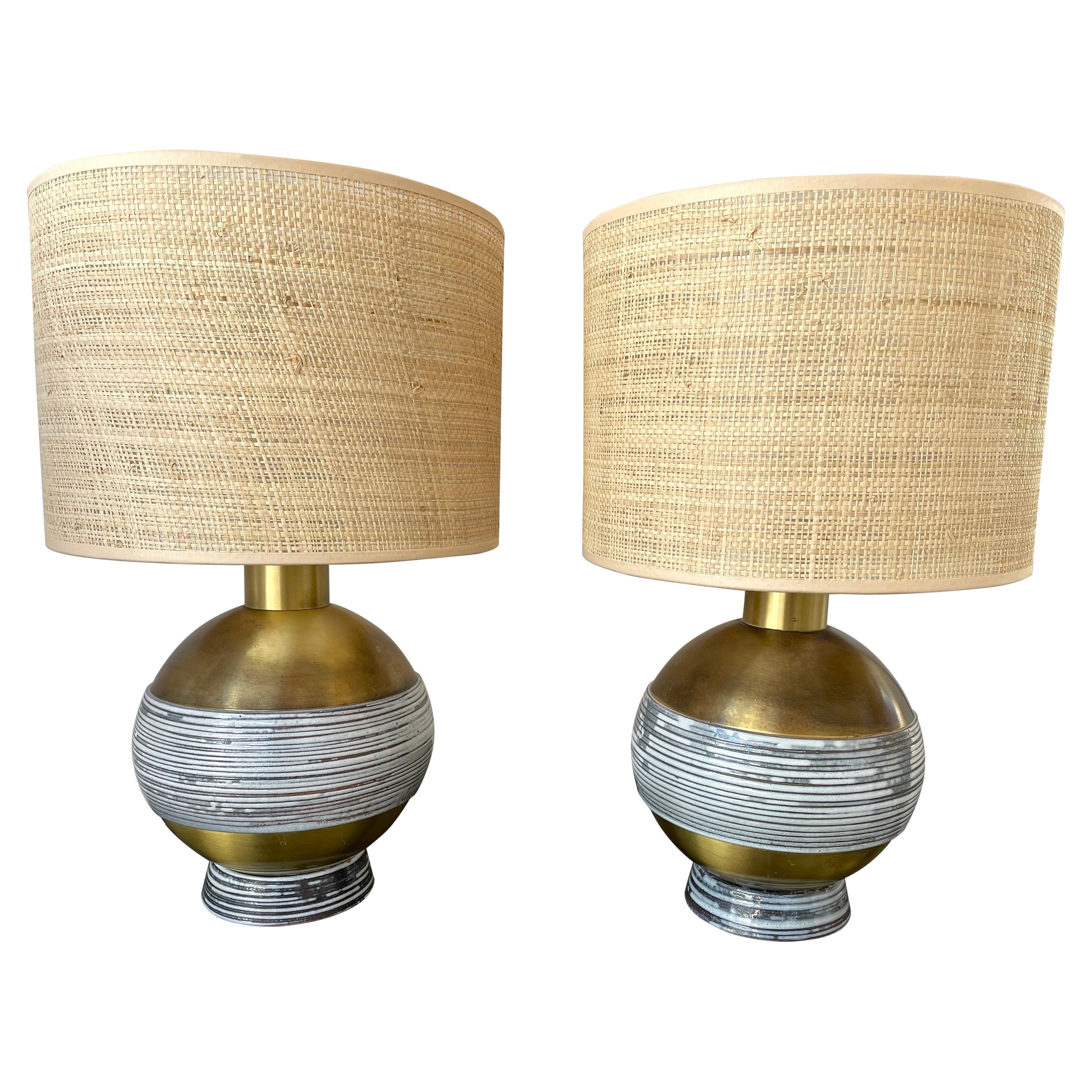 Pair of Brass and Ceramic Lamps. Italy, 1970s