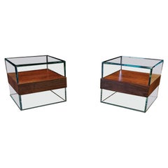 Modern Starfire Glass Cube Side Table with Black Walnut Shelf