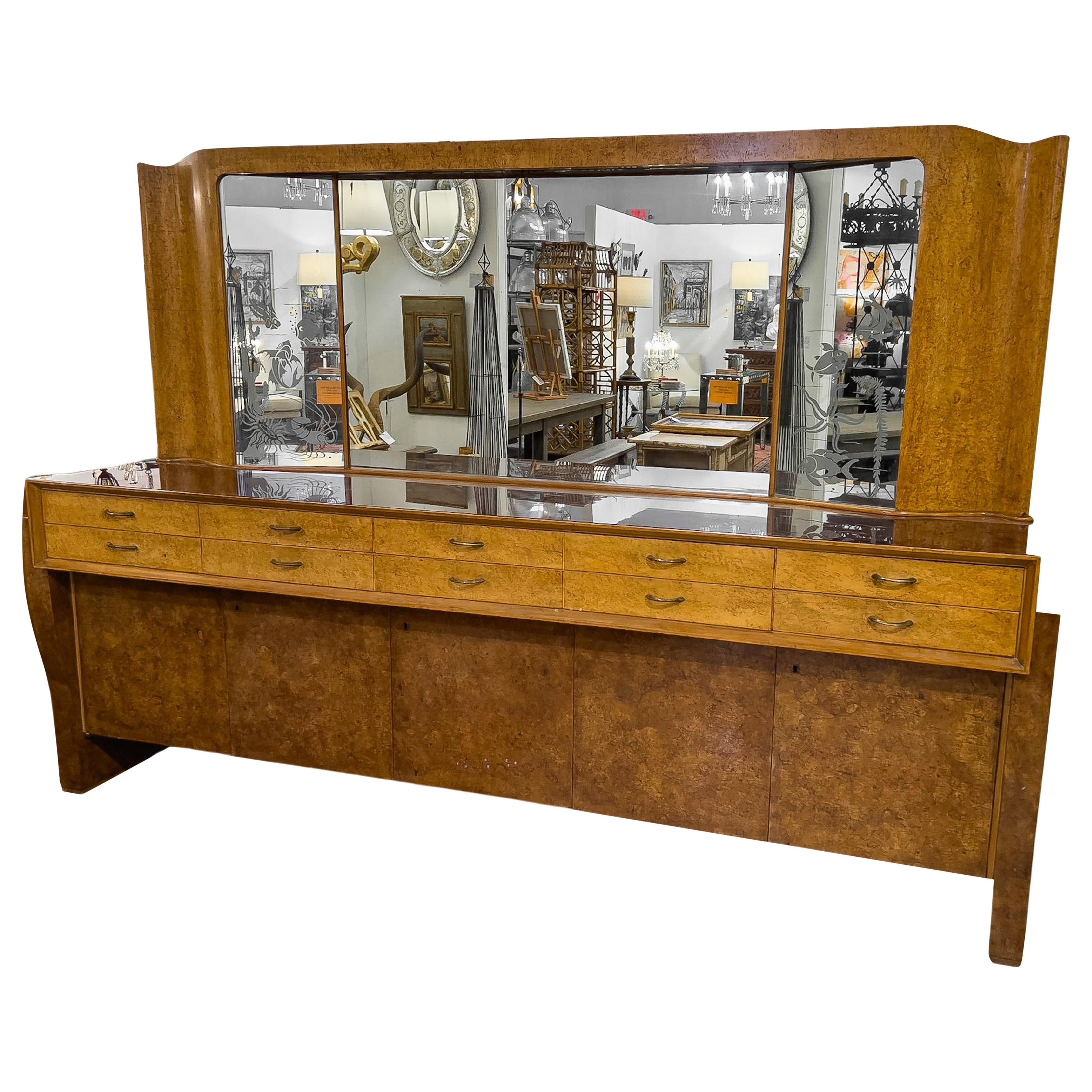 French Art Deco Sideboard with Etched Dresser Mirror