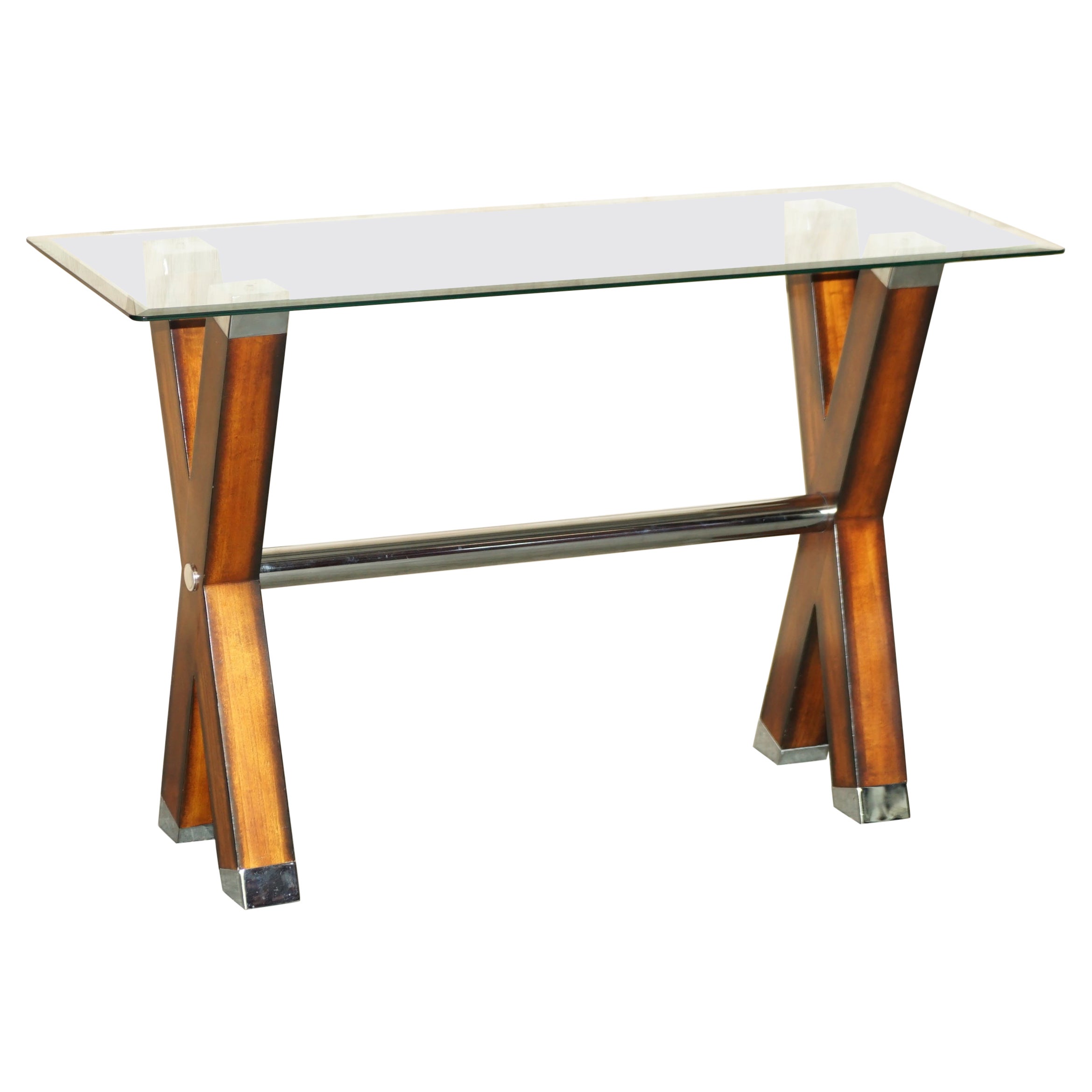 Contemporary Designer Chrome Tipped Beech & Glass x Framed Console Table For Sale