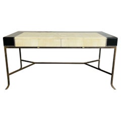 Vintage Mid Century Modern Neoclassical Style Desk, Black Leather with Greek Key, Metal