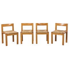 Retro Set of Four Italian 1950's Oak and Rush Seat Dining Chairs