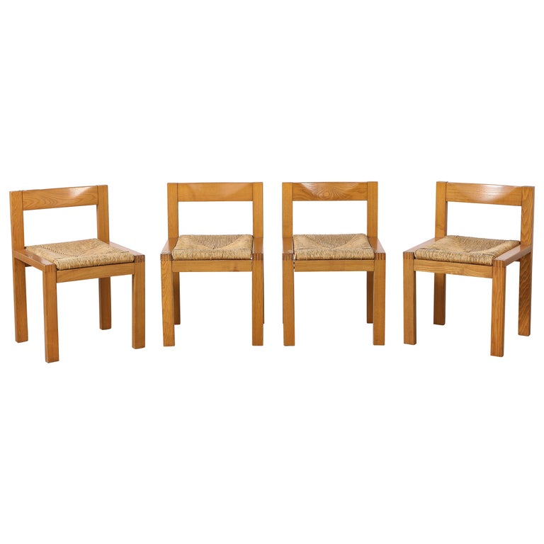 Set of Four Italian 1950's Oak and Rush Seat Dining Chairs For Sale at ...