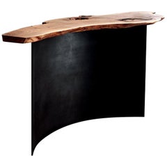 Organic Live Edge Elm Console Table with Curved Patina Steel Leg