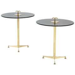 Pair of Solid Brass and Smoked Bronze Glass Tripod Martini Side Tables, Italy