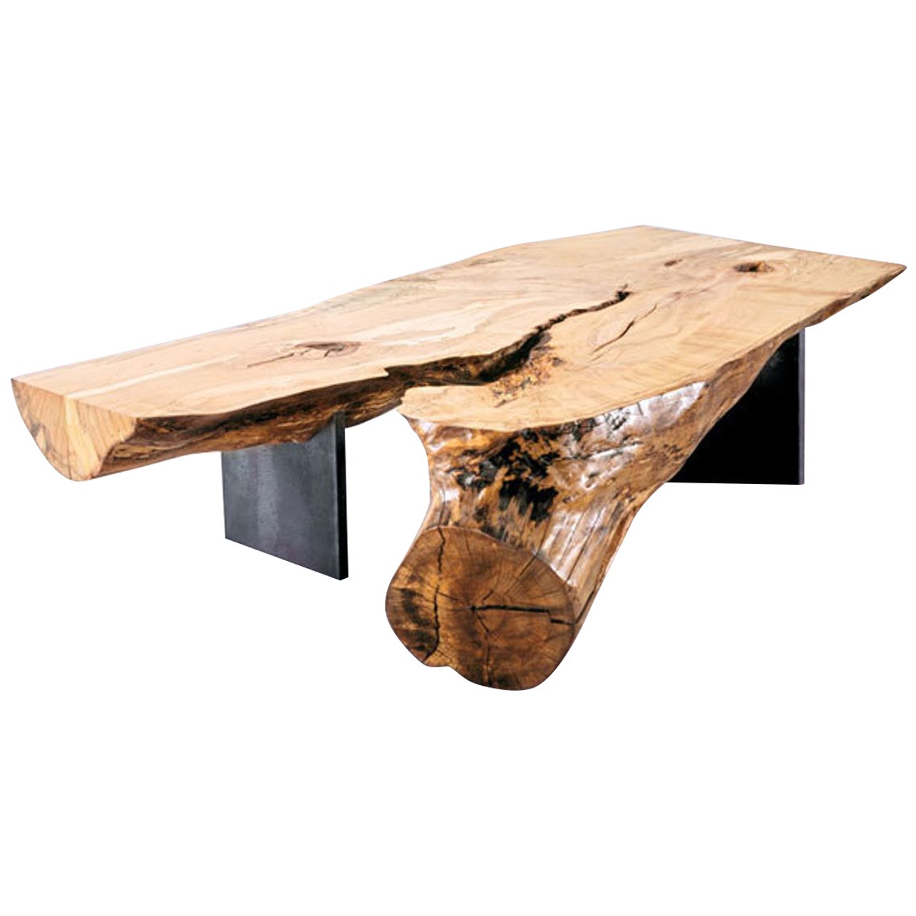 Table basse / banc en érable spalté organique à dossier rond et pieds en acier