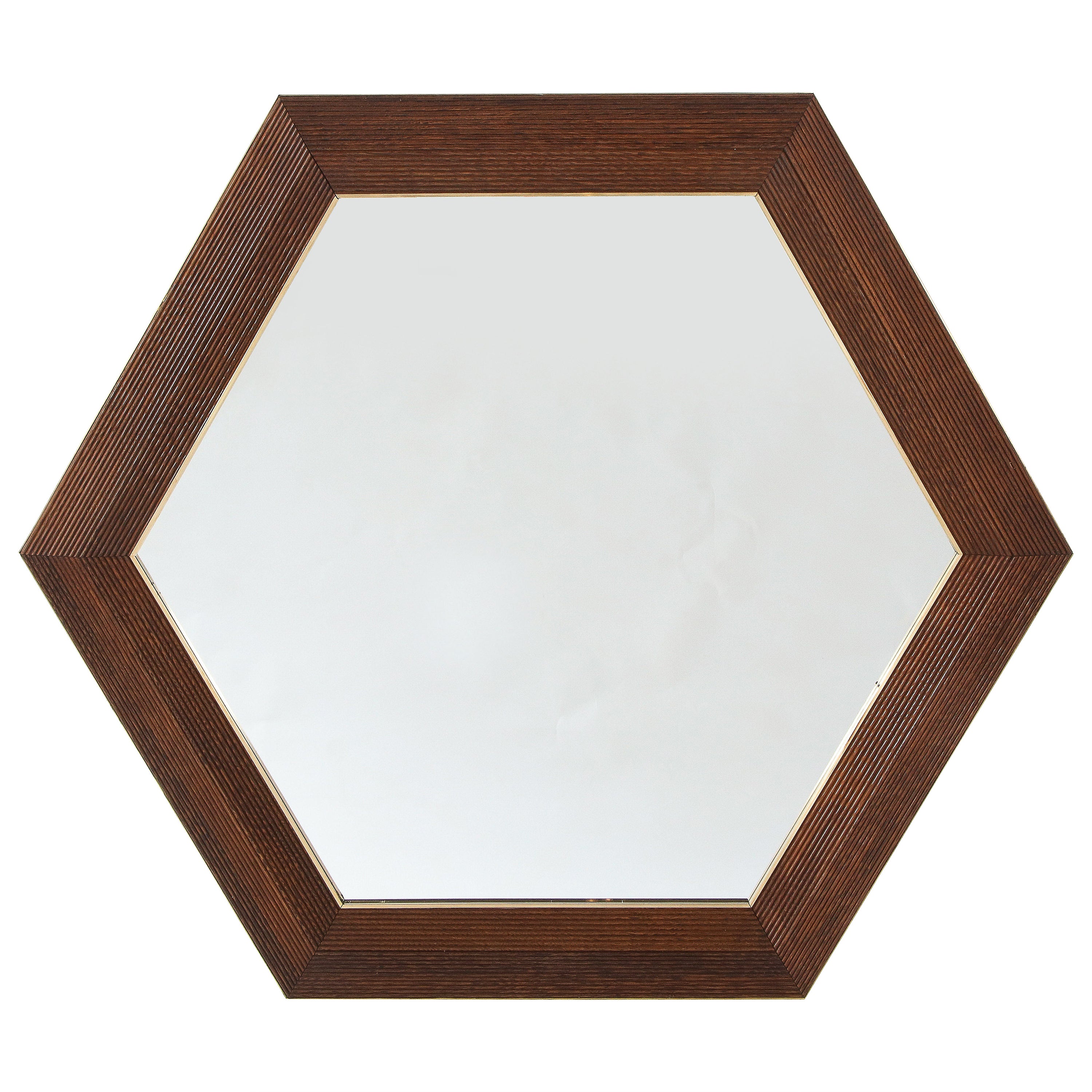 Walnut and Brass Hexagonal Wall Mirror