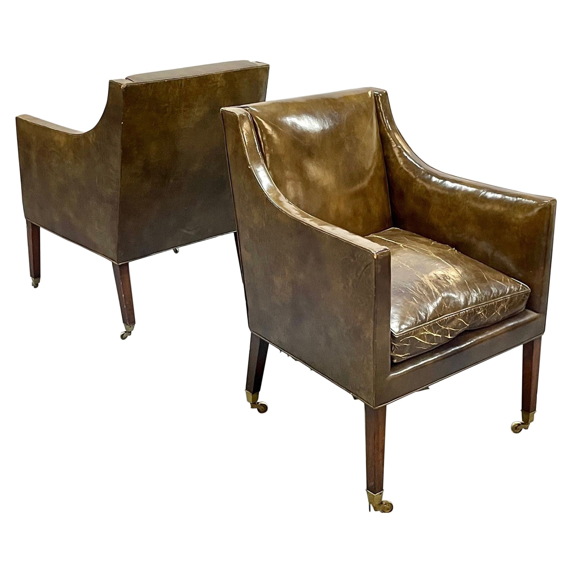 Pair of Patinated Regency Style Leather Upholstered Armchairs / Lounge, Bronze For Sale