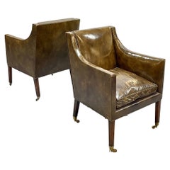 Antique Pair of Patinated Regency Style Leather Upholstered Armchairs / Lounge, Bronze