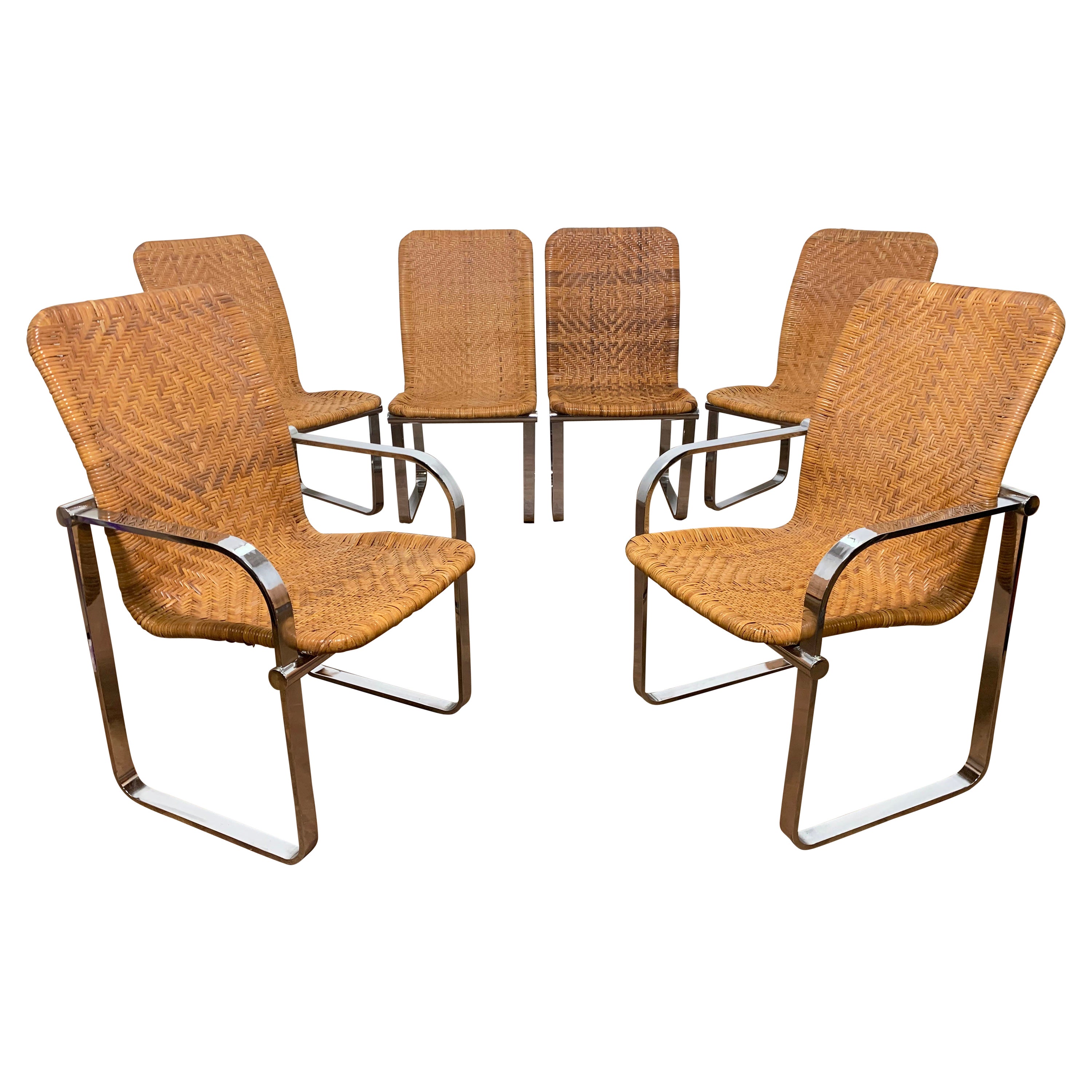 Set of Six Design Institute America Woven Rattan & Chrome Dining Chairs C. 1970s