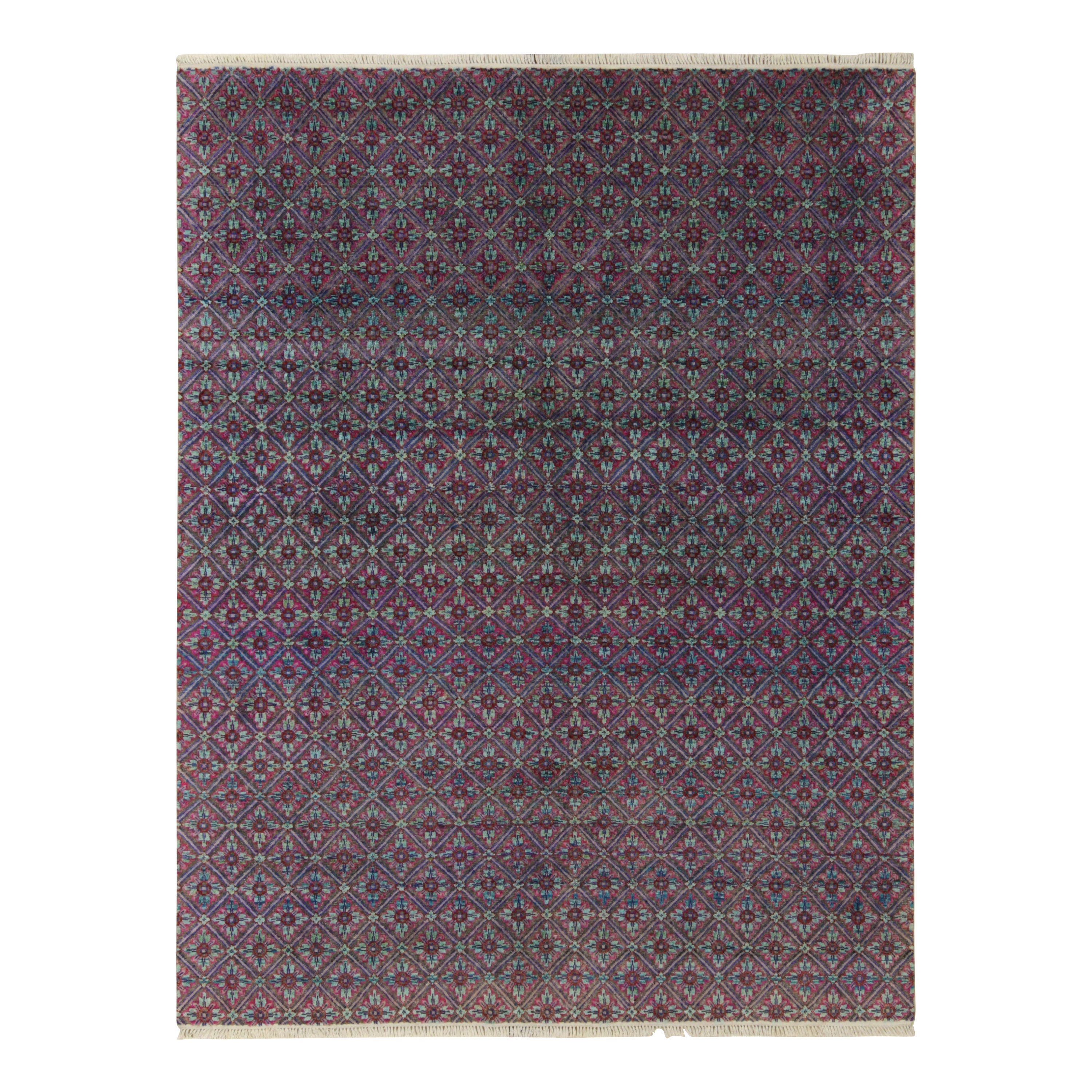 Rug & Kilim’s Contemporary Rug in Blue, Pink and Red Lattice Pattern For Sale
