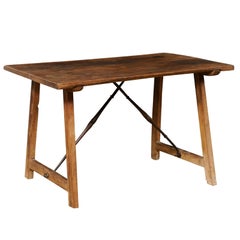 Antique 18th C. Italian Desk or Table w/Forged Iron Stretcher Bars Crossing at Underside