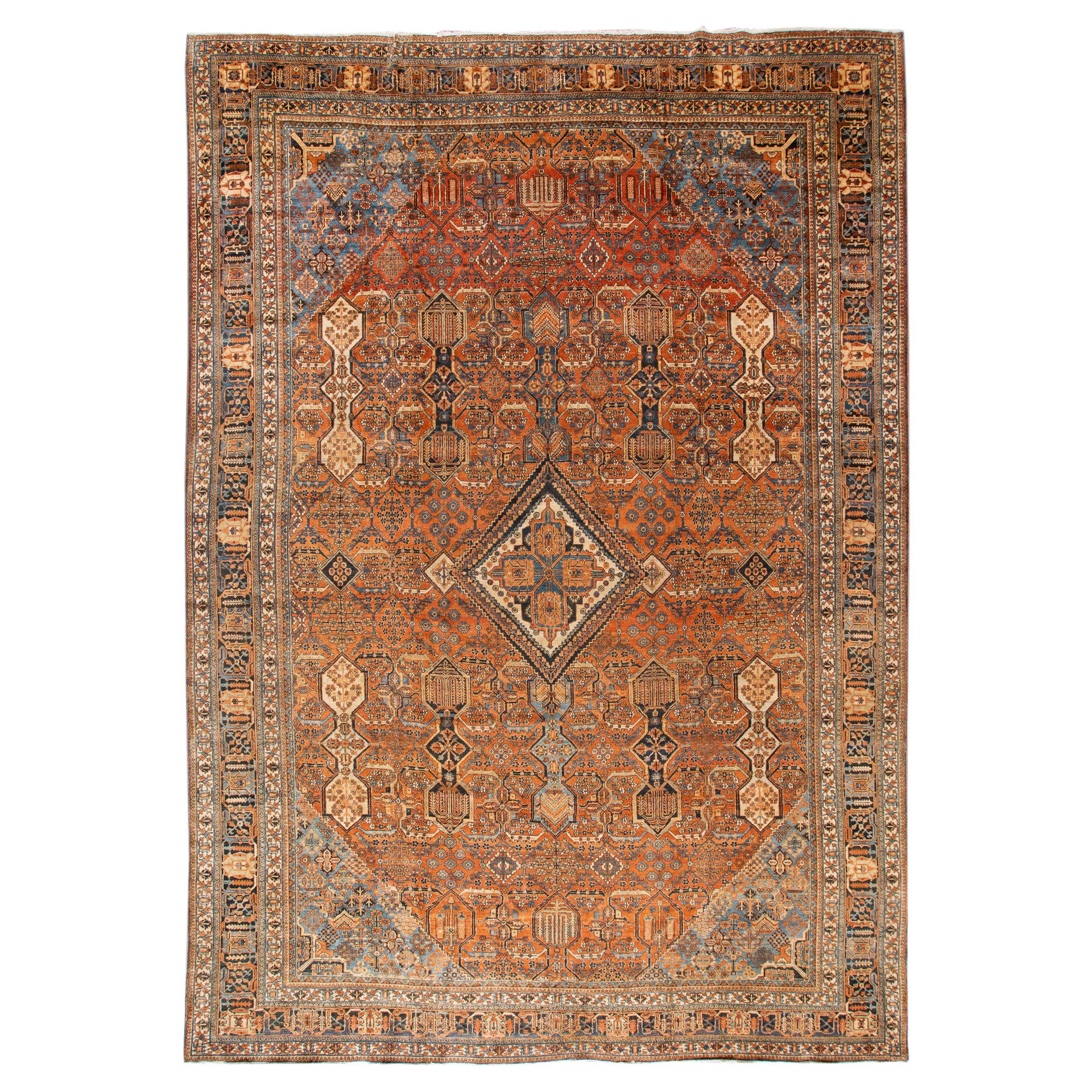 Antique Persian Josheghan Orange Handmade Oversize Wool Rug with Medallion Motif