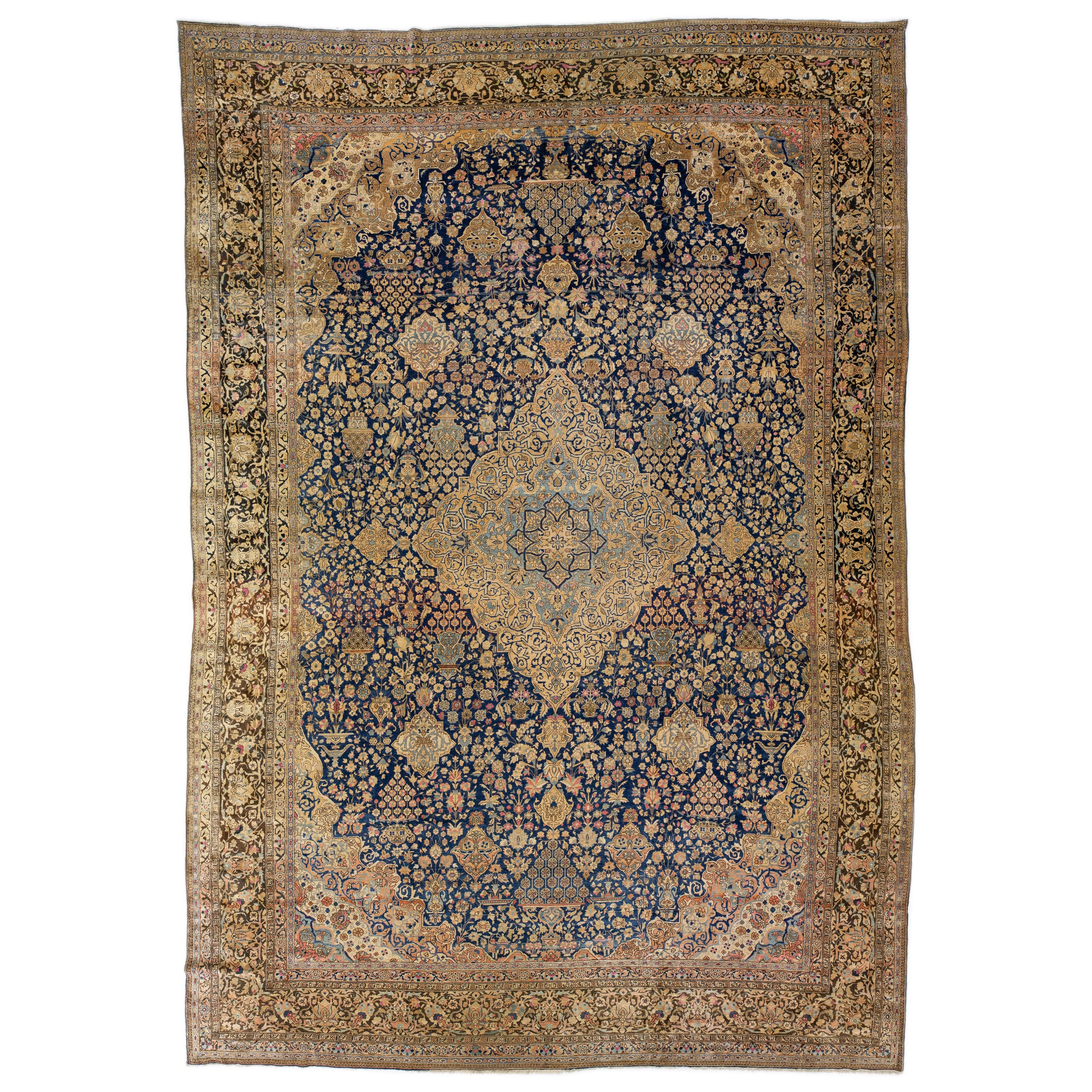 Tapis persan ancien Tabriz en laine surdimensionné à médaillon bleu, fait à la main