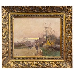 Peinture à l'huile pastorale encadrée du 19ème siècle signée E. Lefevre pour E. Galien-Laloue
