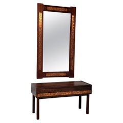 Vintage Brazilian Rosewood and Copper Entry Cabinet and Mirror