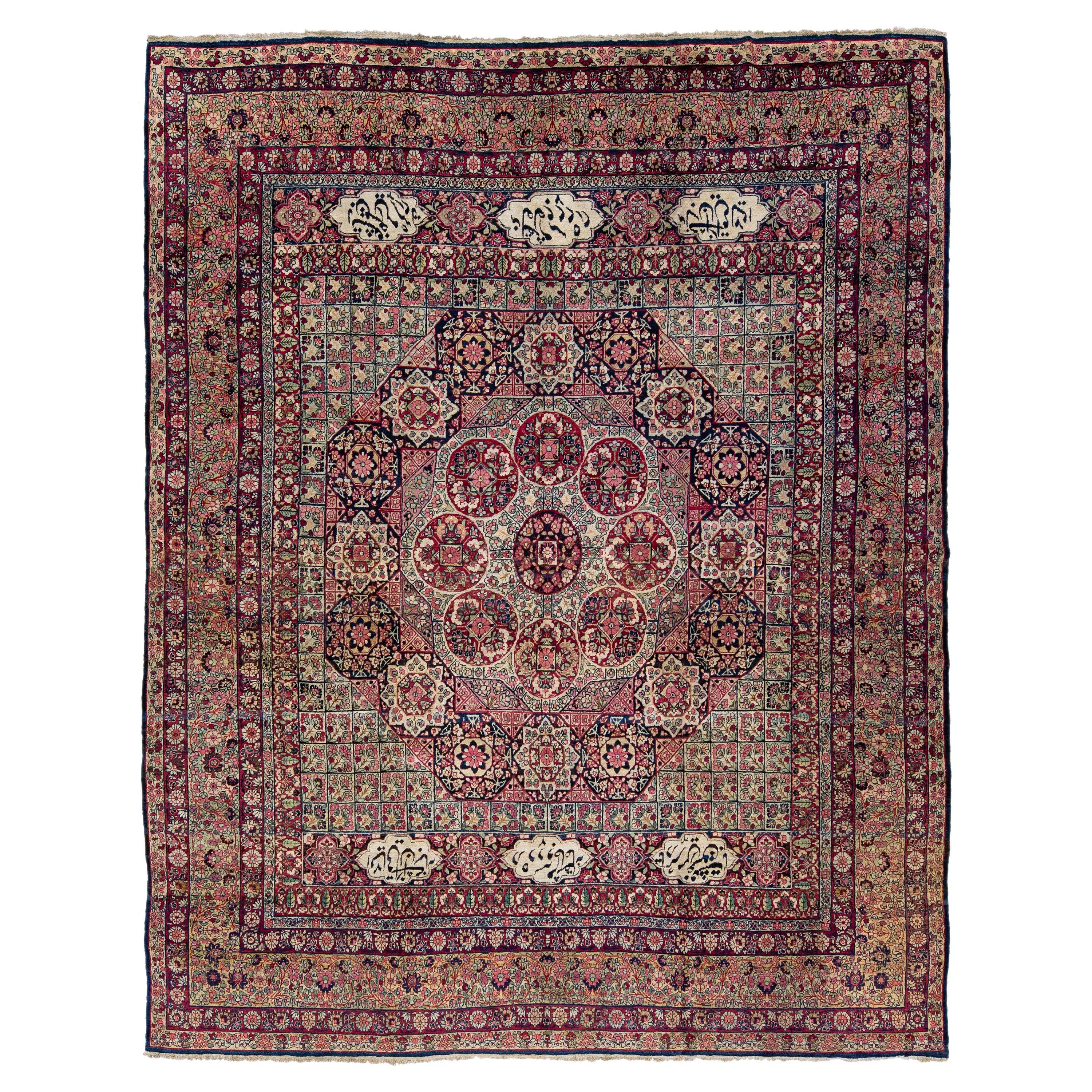 Antique Kerman Handmade Allover Floral Designed Wool Rug For Sale
