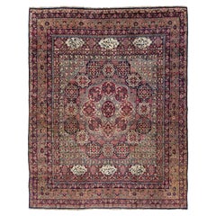 Tapis Kerman ancien en laine entièrement fait à la main à motifs floraux