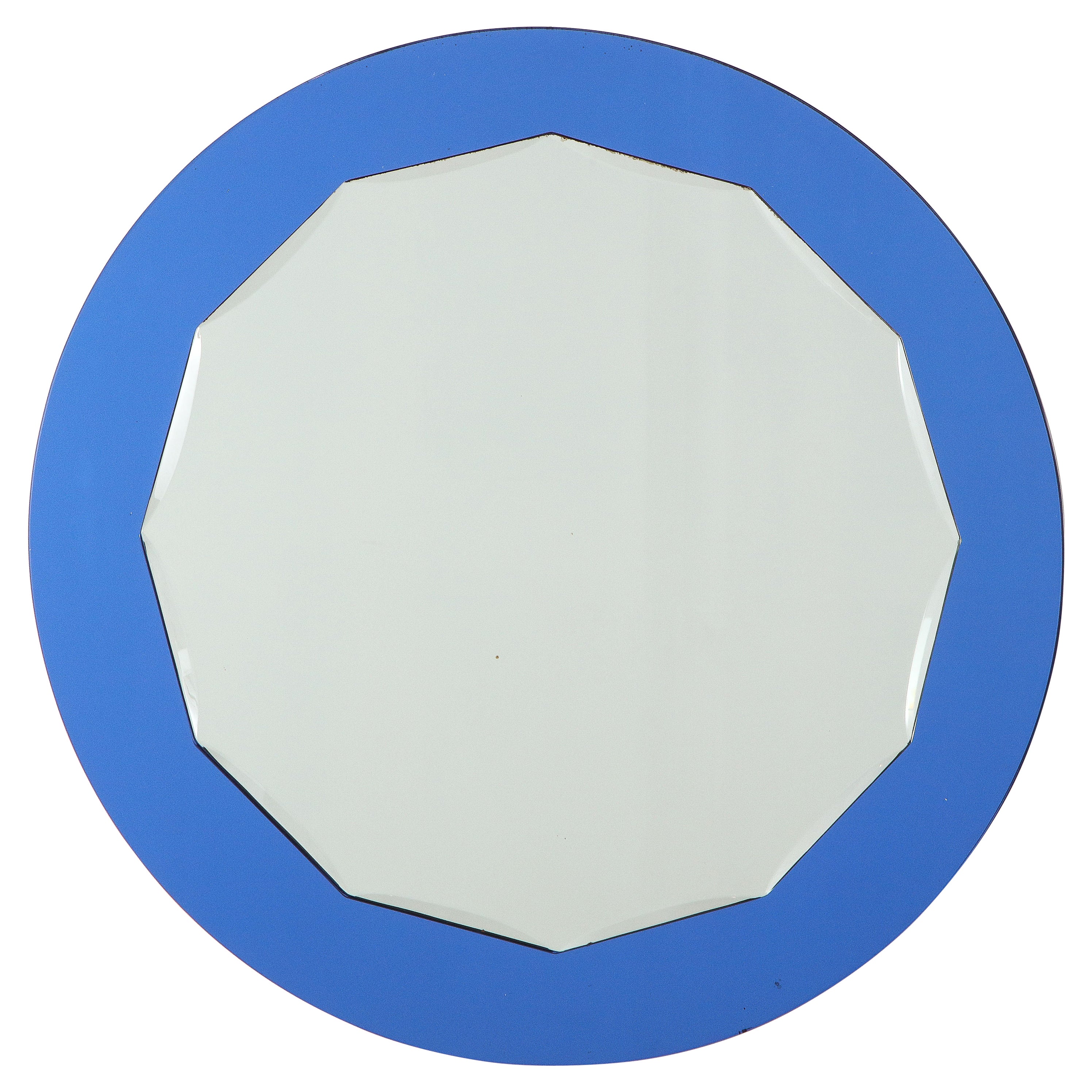 Italian Blue Glass Circular Mirror, 1950's  For Sale