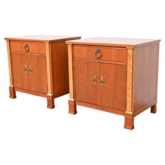 Used Baker Furniture French Empire Cherry and Burl Wood Nightstands, Newly Refinished