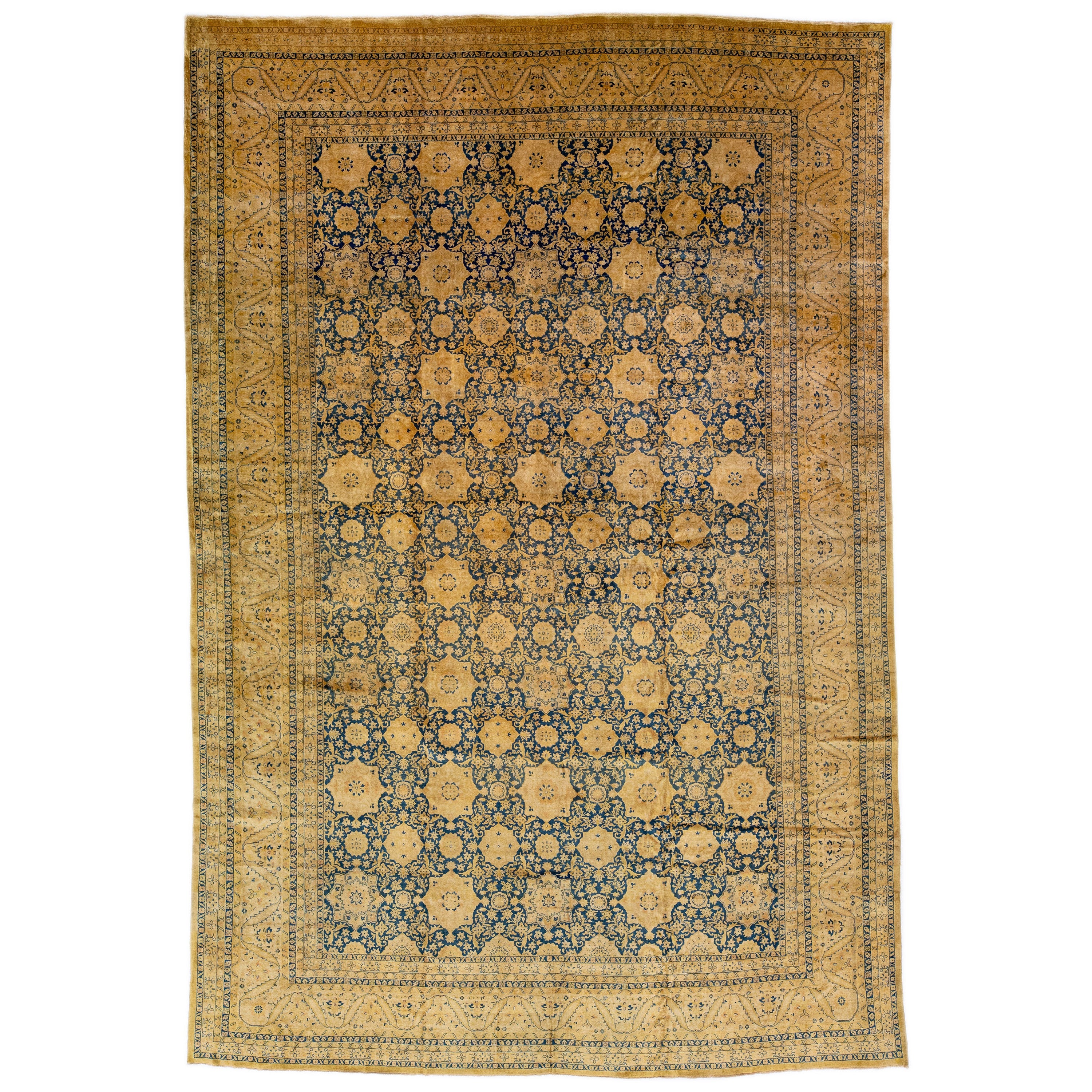 Antique Indian Handmade Blue Wool Rug with Allover Rosette Design