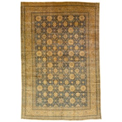 Antiquité - Tapis indien en laine bleue fait à la main avec motifs de rosettes