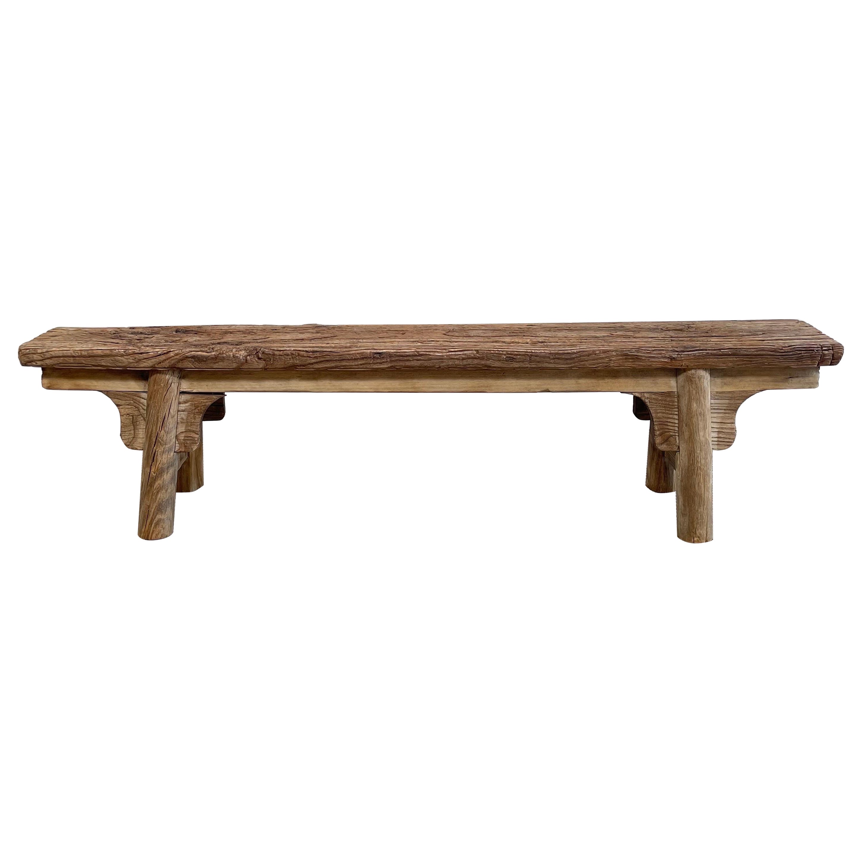 Vintage Elm Wood Bench with Apron