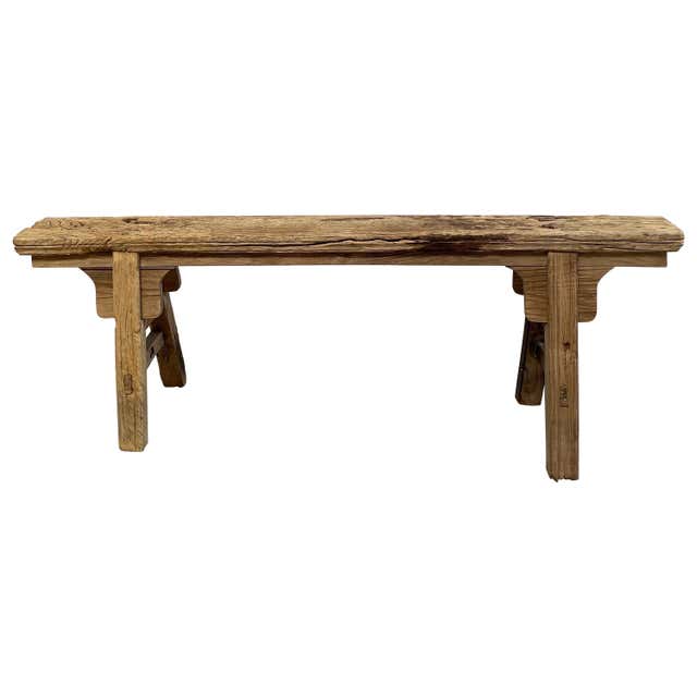 Vintage Elm Wood Skinny Bench with Rustic Plank Seat Top at 1stDibs ...