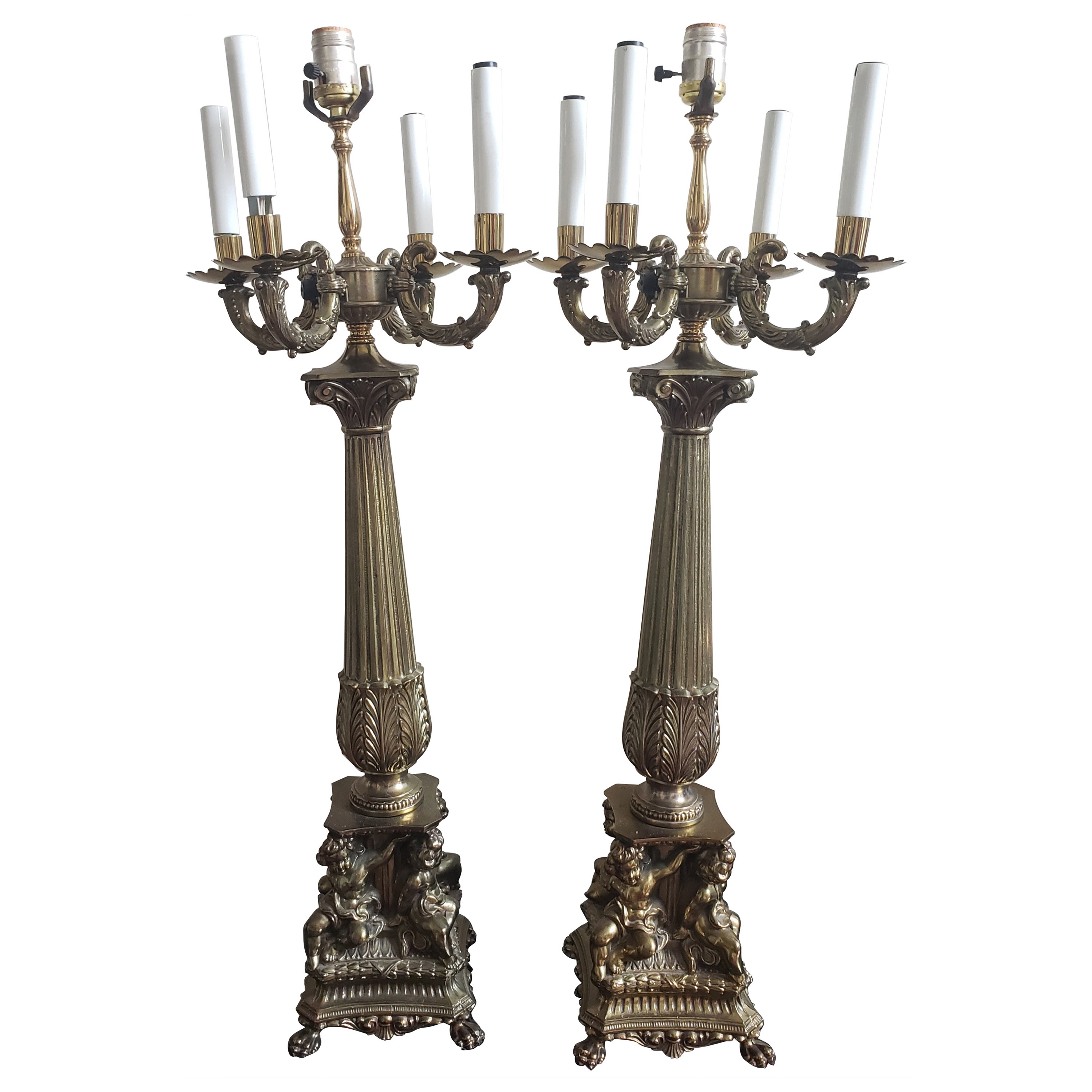 Pair of Early 1900s French Gilt Metal Cherubs Column 5-light Table Lamps For Sale