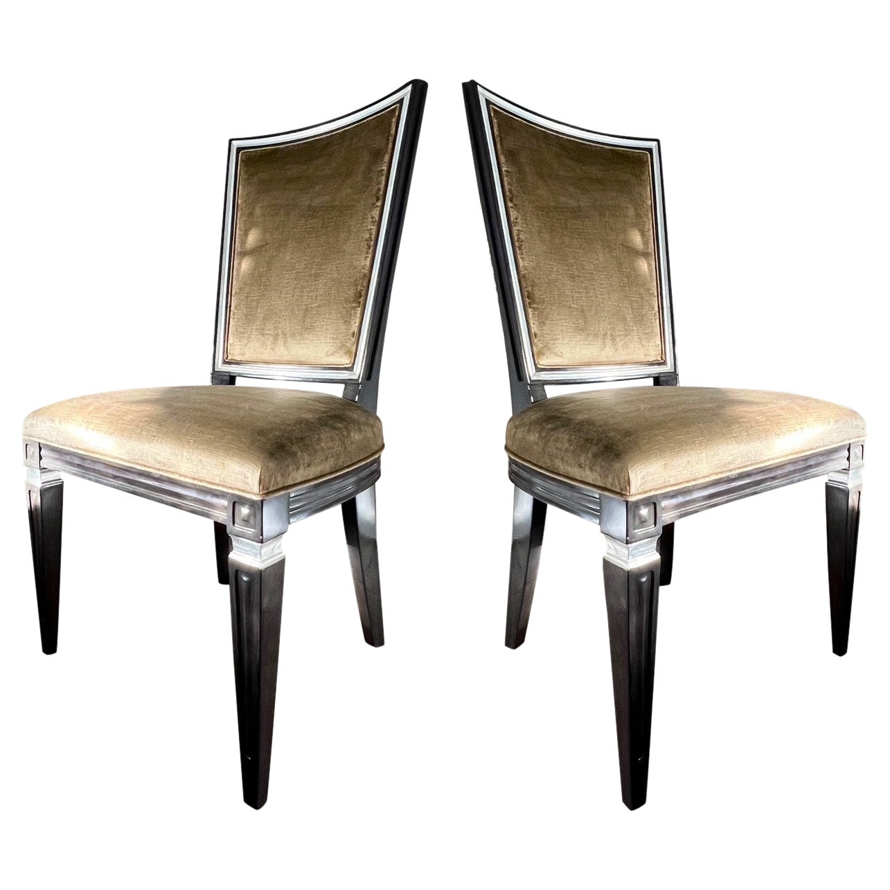Pair of Neoclassical High Back Chairs in Crushed Velvet and Ebony, c. 1940's