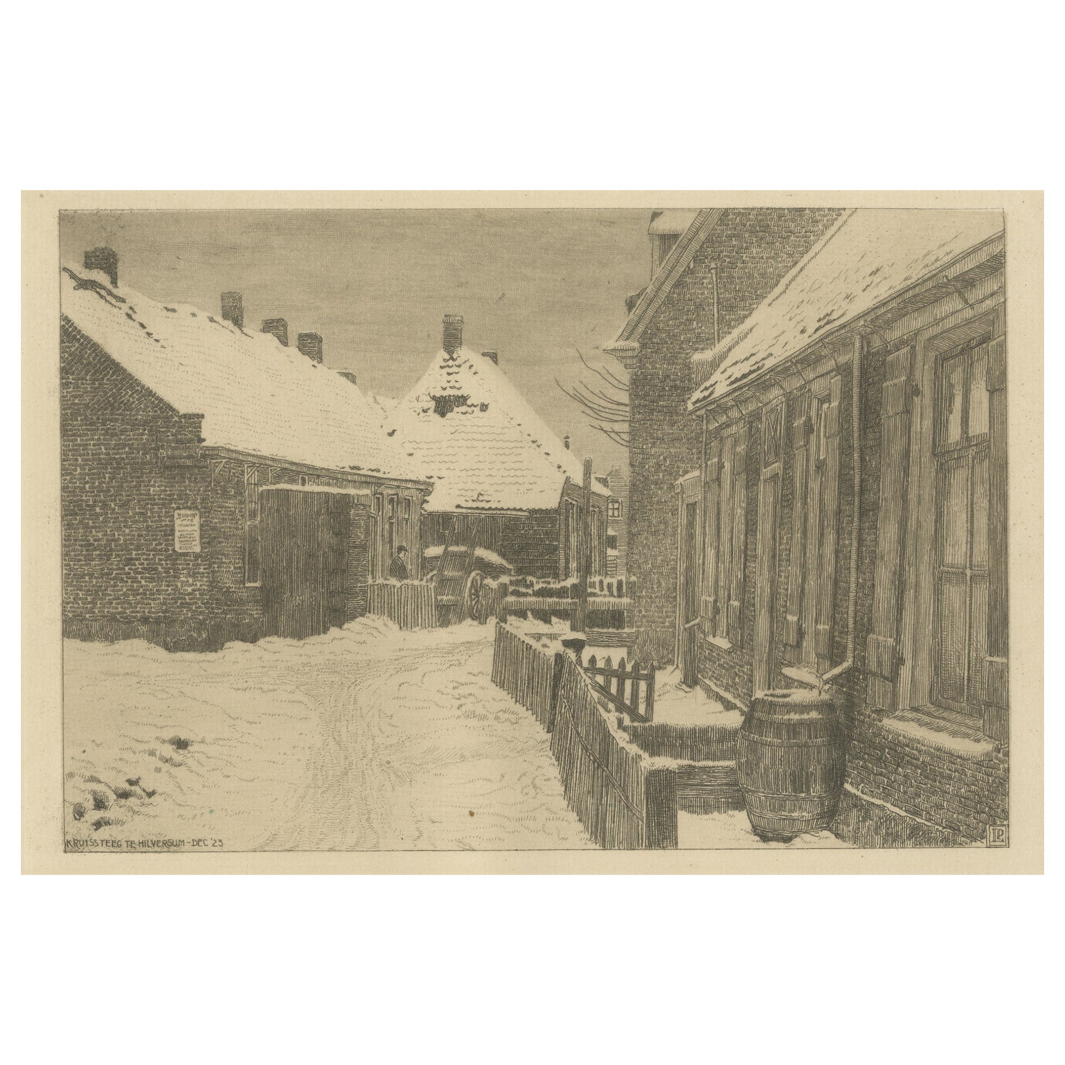 Vintage Print of Winter Scene in the Kruissteeg, Hilversum, Holland, c.1925 For Sale