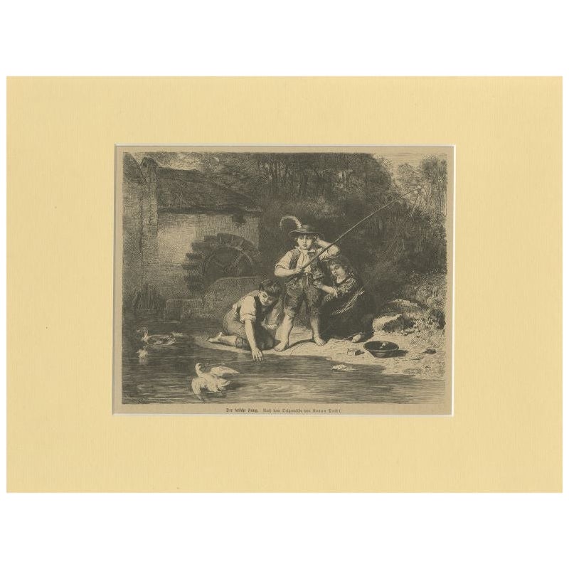 Antique Print of Children Fishing, circa 1900