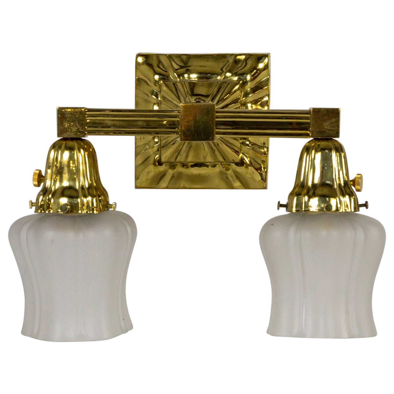 1930s Brass 2-Arm Sheffield Sconce W/ Frosted Glass Shades For Sale