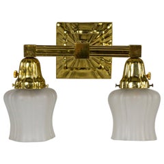 Vintage 1930s Brass 2-Arm Sheffield Sconce W/ Frosted Glass Shades