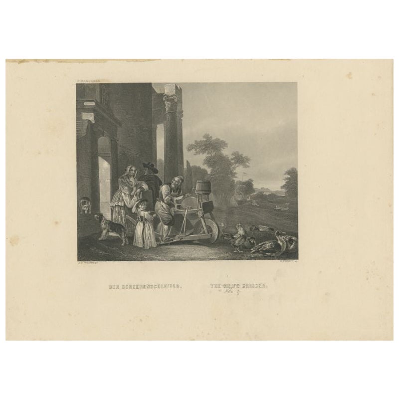 Antique Print of a Man Grinding Knives, circa 1850 For Sale