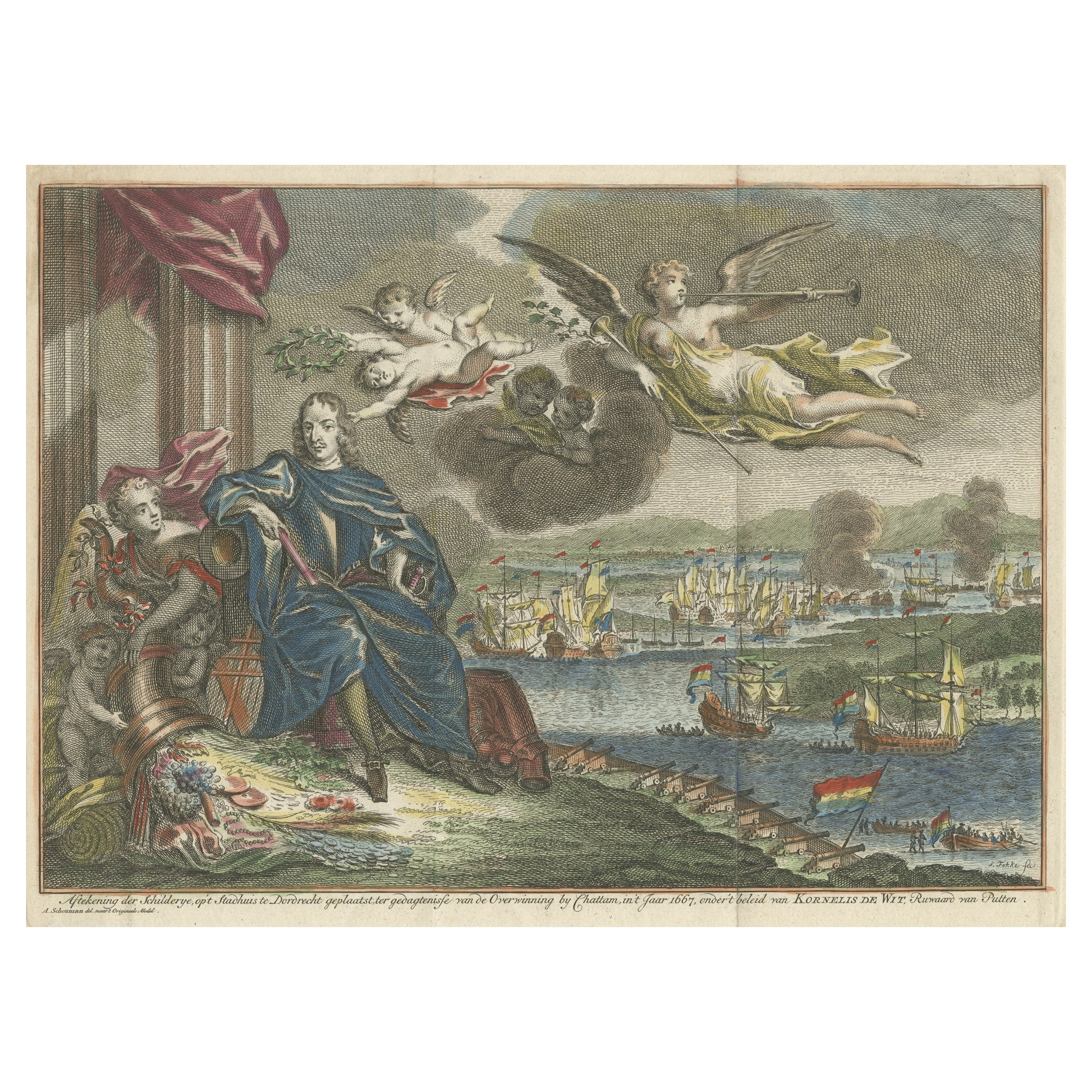 Old Engraving of the Battle of Chatham or Raid on Medway on the Thames, England For Sale