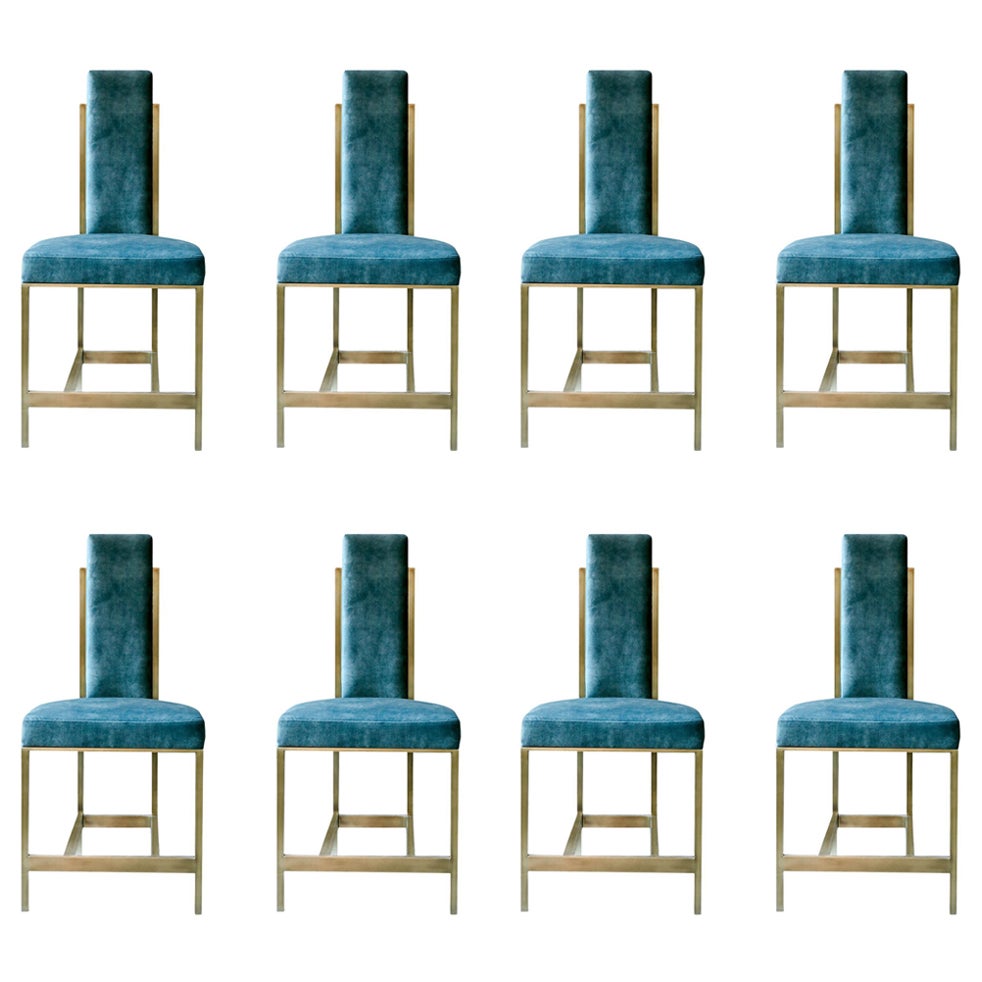 Recalled Brass Blue Velvet Chair 'Set of 8'