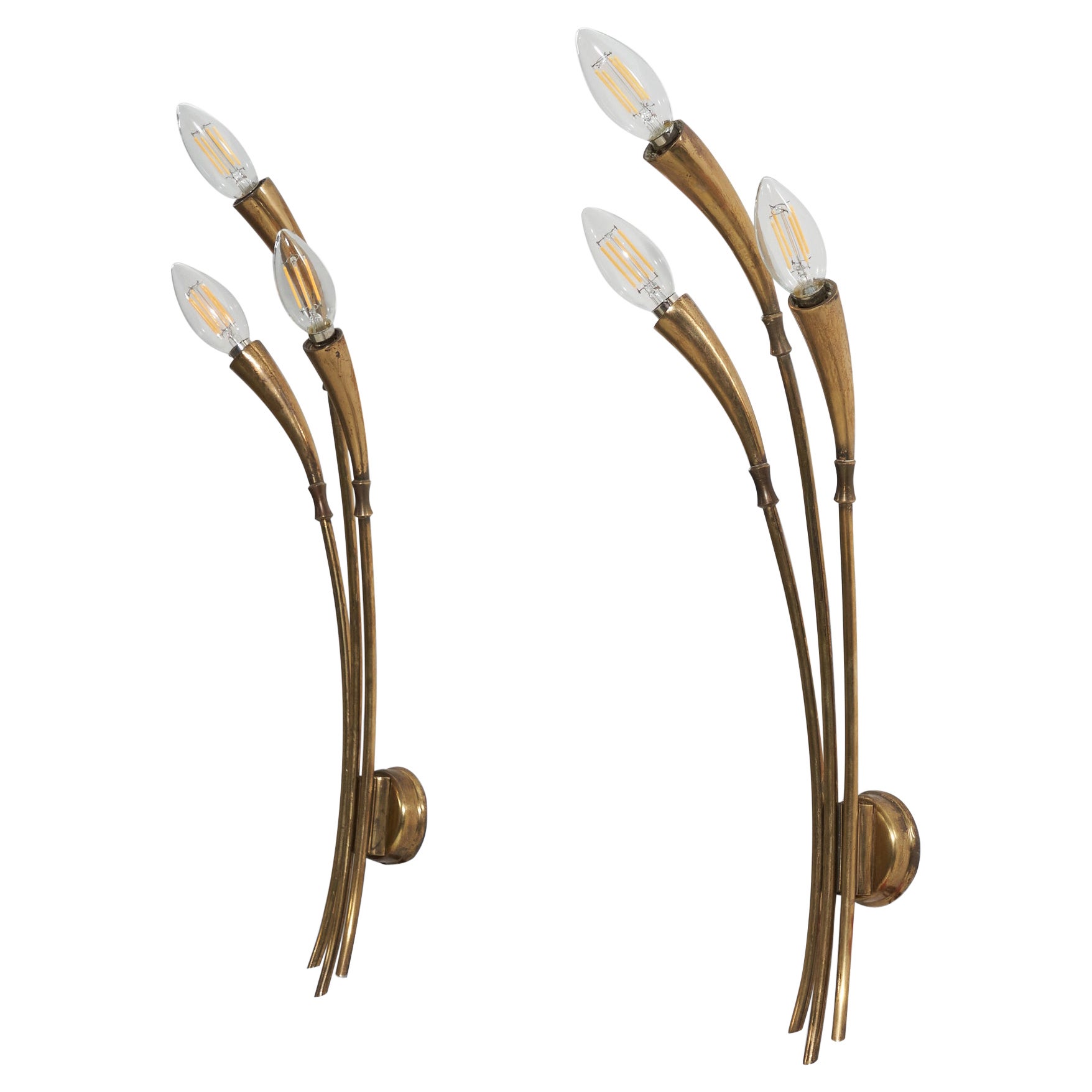 Italian Designer, Pair Of 3-light Wall Sconces, Brass, Italy, c. 1940s