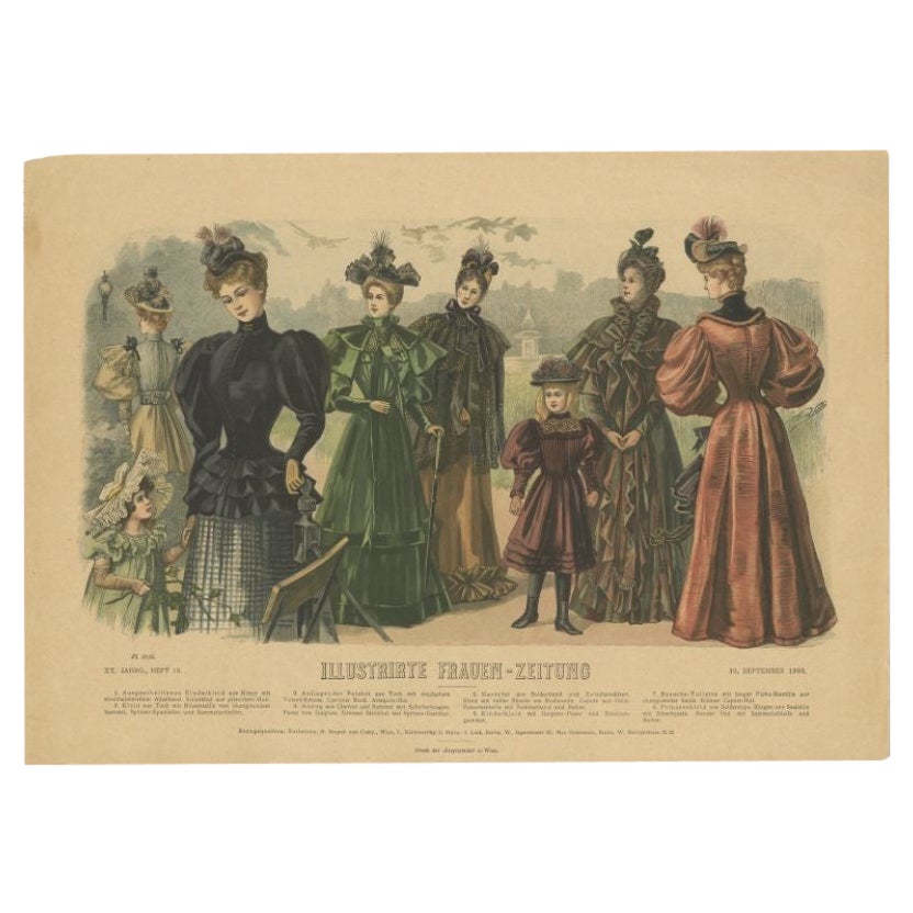 Antique Fashion Print from Germany with Women Wearing Dresses and Hats, 1893