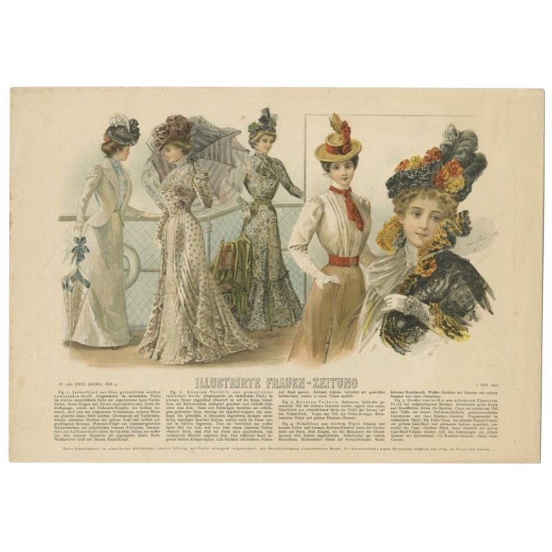 Antique Fashion Print of Women wearing Beautiful Hats, 1899 For Sale