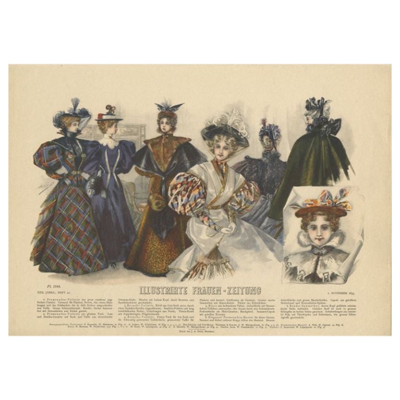 Antique Fashion Print of Women, Published in Germany in, 1895 For Sale